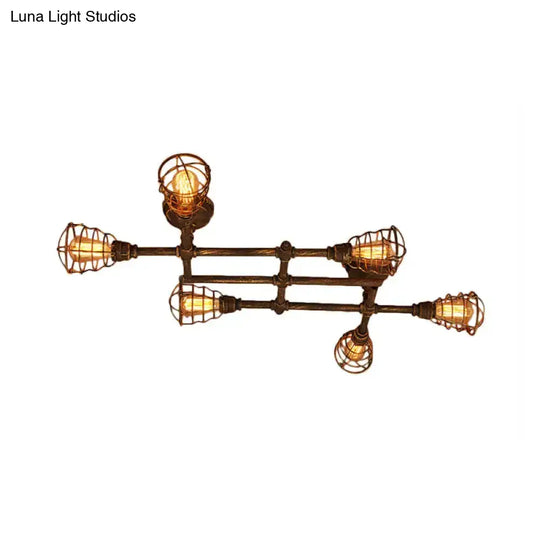 Industrial Intersecting Piping Ceiling Light - Iron Semi Flush Mounted With Cage Guard Brass Finish