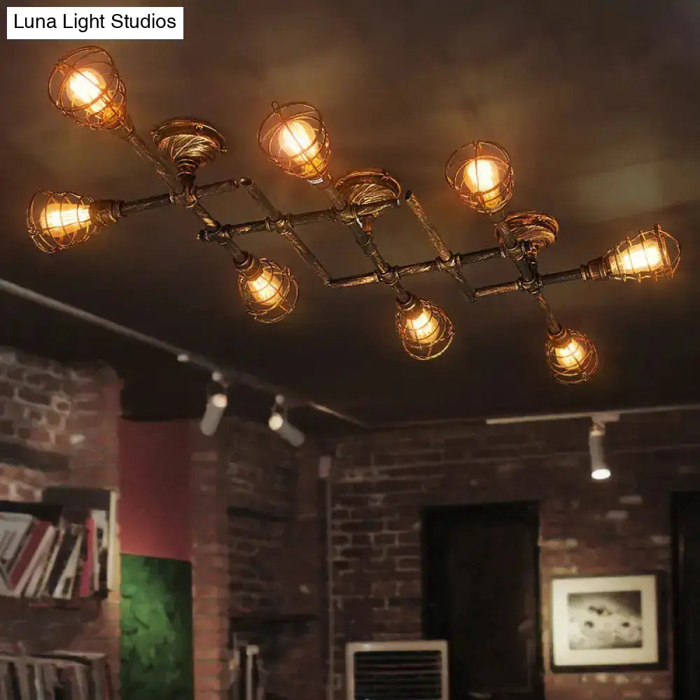 Industrial Intersecting Piping Ceiling Light - Iron Semi Flush Mounted With Cage Guard Brass Finish