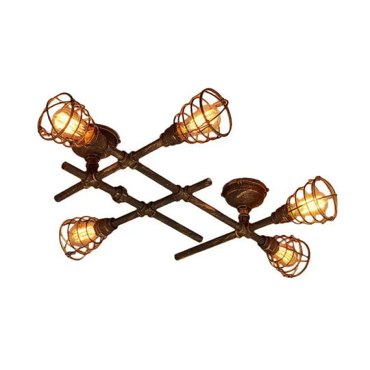 Industrial Intersecting Piping Ceiling Light - Iron Semi Flush Mounted With Cage Guard Brass Finish