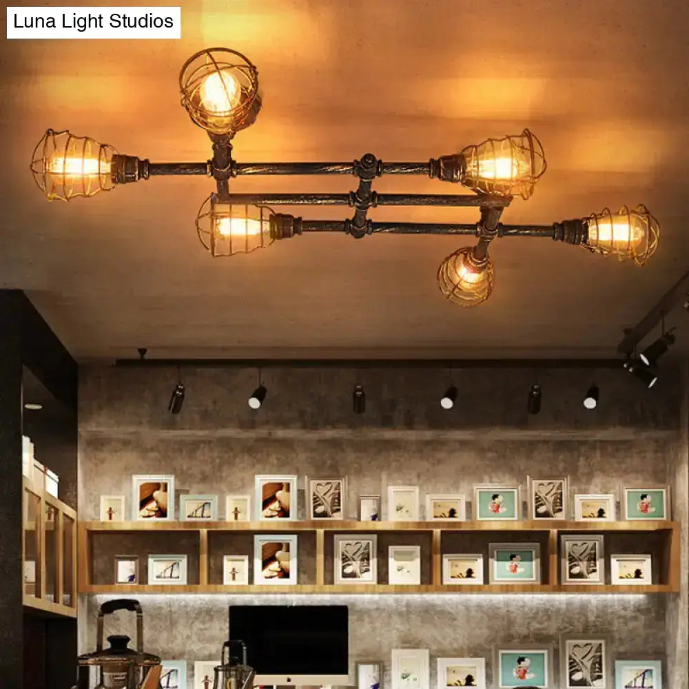 Industrial Intersecting Piping Ceiling Light - Iron Semi Flush Mounted With Cage Guard Brass Finish