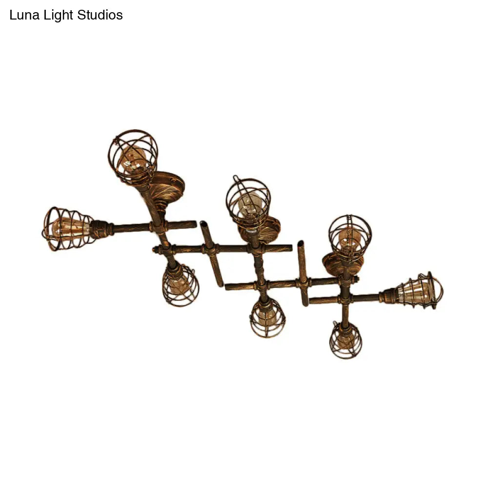 Industrial Intersecting Piping Ceiling Light - Iron Semi Flush Mounted With Cage Guard Brass Finish
