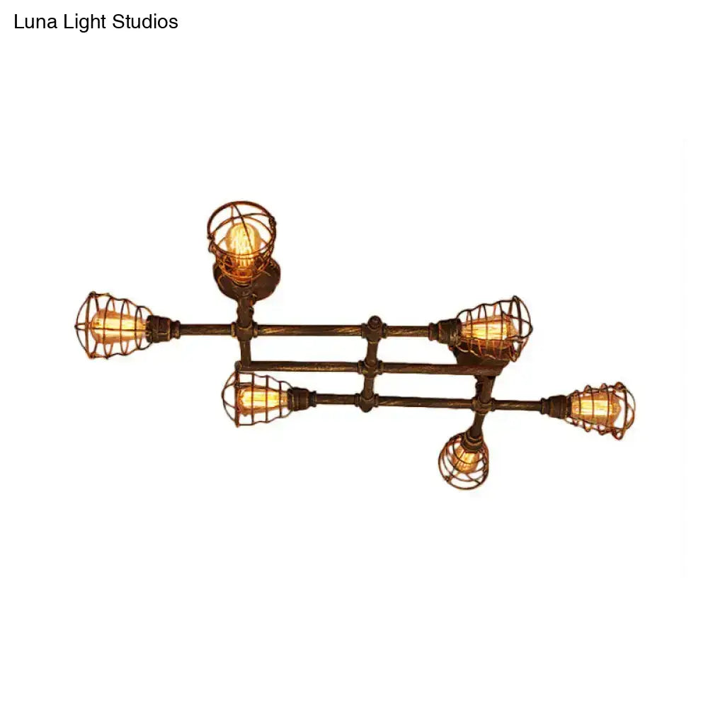 Industrial Intersecting Piping Ceiling Light - Iron Semi Flush Mounted With Cage Guard Brass Finish