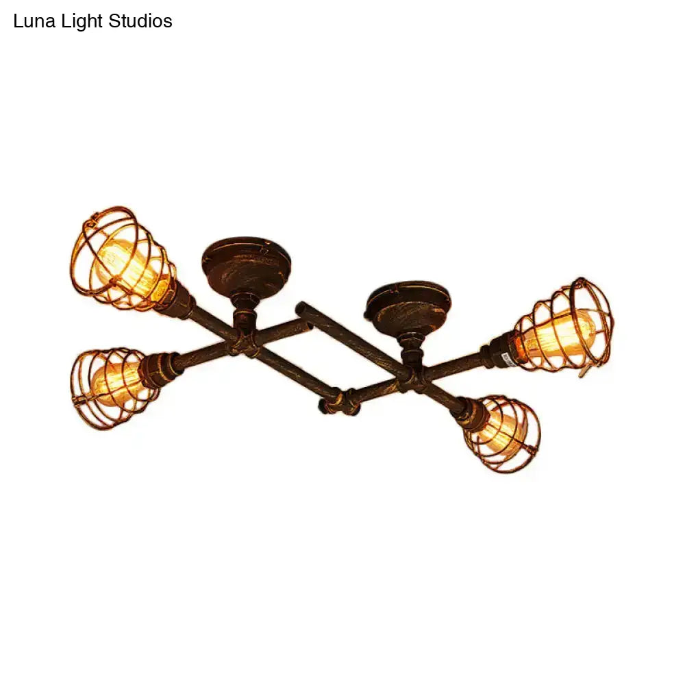 Industrial Intersecting Piping Ceiling Light - Iron Semi Flush Mounted With Cage Guard Brass Finish