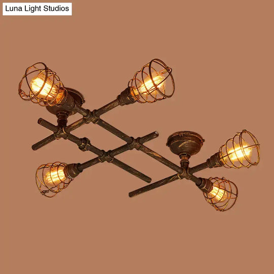 Industrial Intersecting Piping Ceiling Light - Iron Semi Flush Mounted With Cage Guard Brass Finish