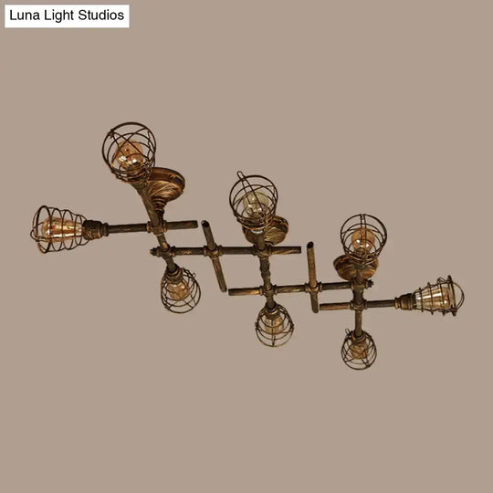 Industrial Intersecting Piping Ceiling Light - Iron Semi Flush Mounted With Cage Guard Brass Finish