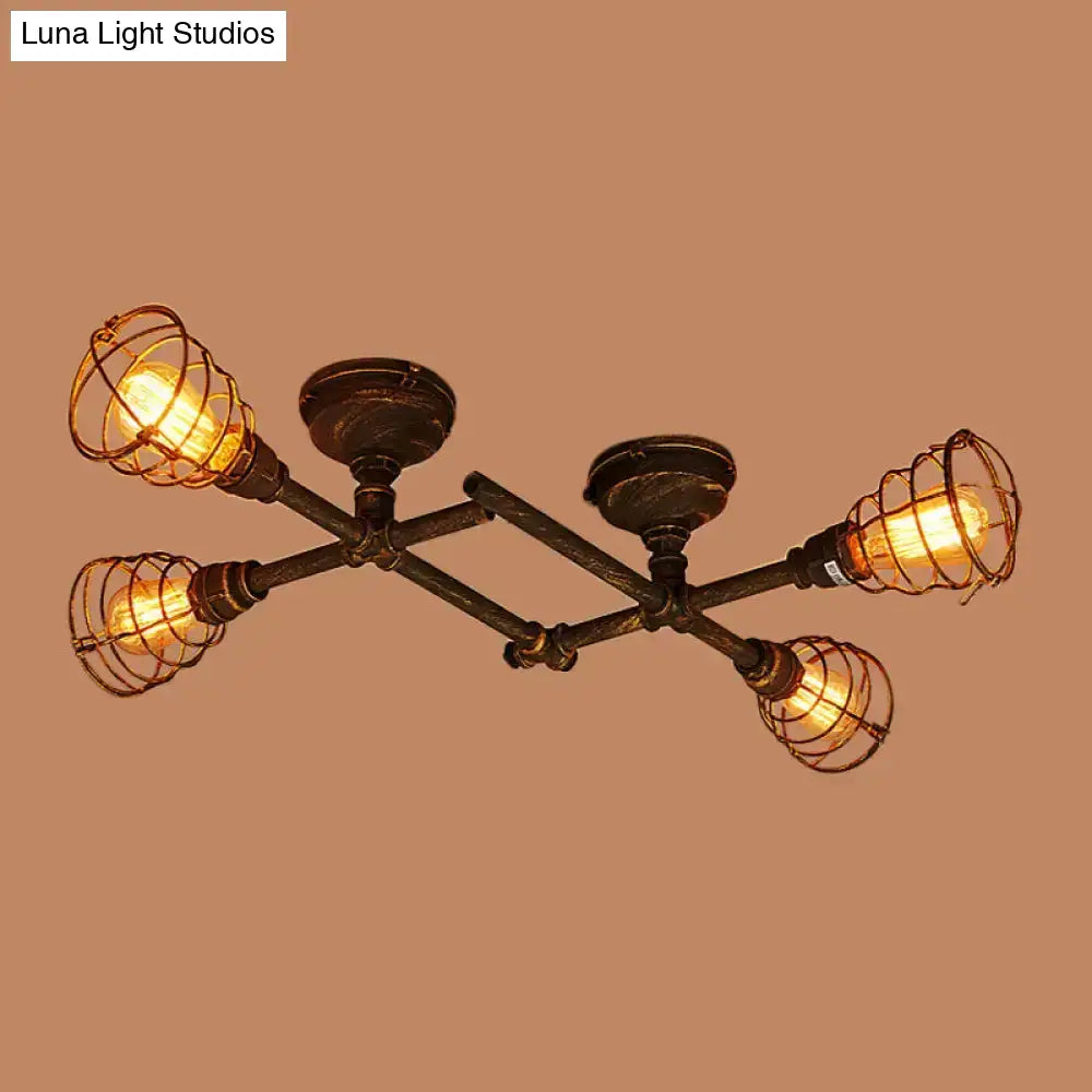 Industrial Intersecting Piping Ceiling Light - Iron Semi Flush Mounted With Cage Guard Brass Finish