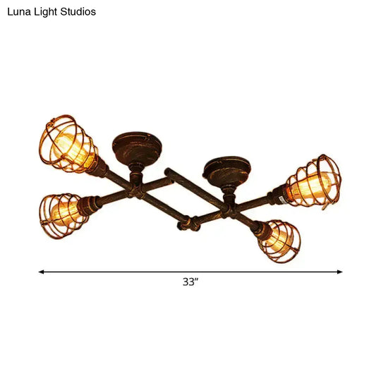 Industrial Intersecting Piping Ceiling Light - Iron Semi Flush Mounted With Cage Guard Brass Finish