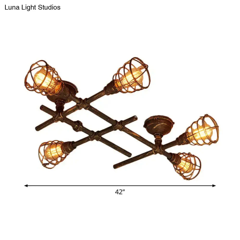 Industrial Intersecting Piping Ceiling Light - Iron Semi Flush Mounted With Cage Guard Brass Finish