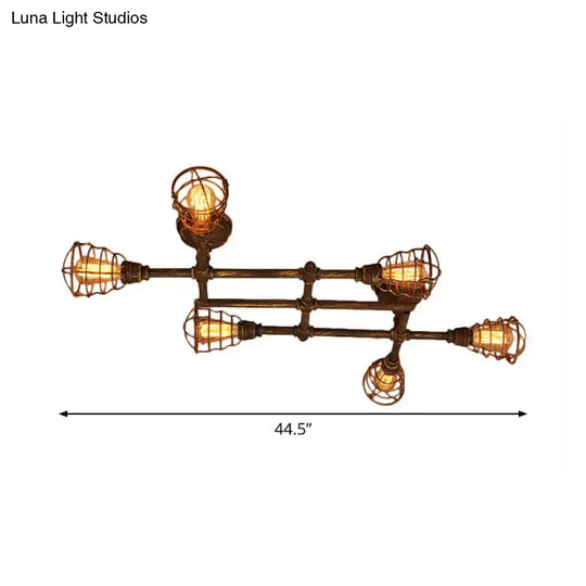 Industrial Intersecting Piping Ceiling Light - Iron Semi Flush Mounted With Cage Guard Brass Finish