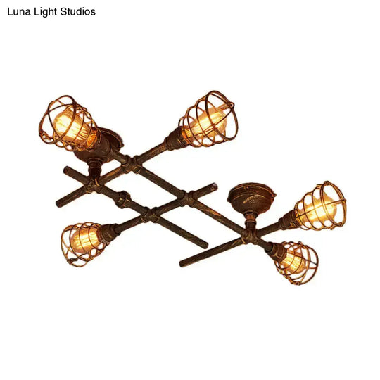 Industrial Intersecting Piping Ceiling Light - Iron Semi Flush Mounted With Cage Guard Brass Finish