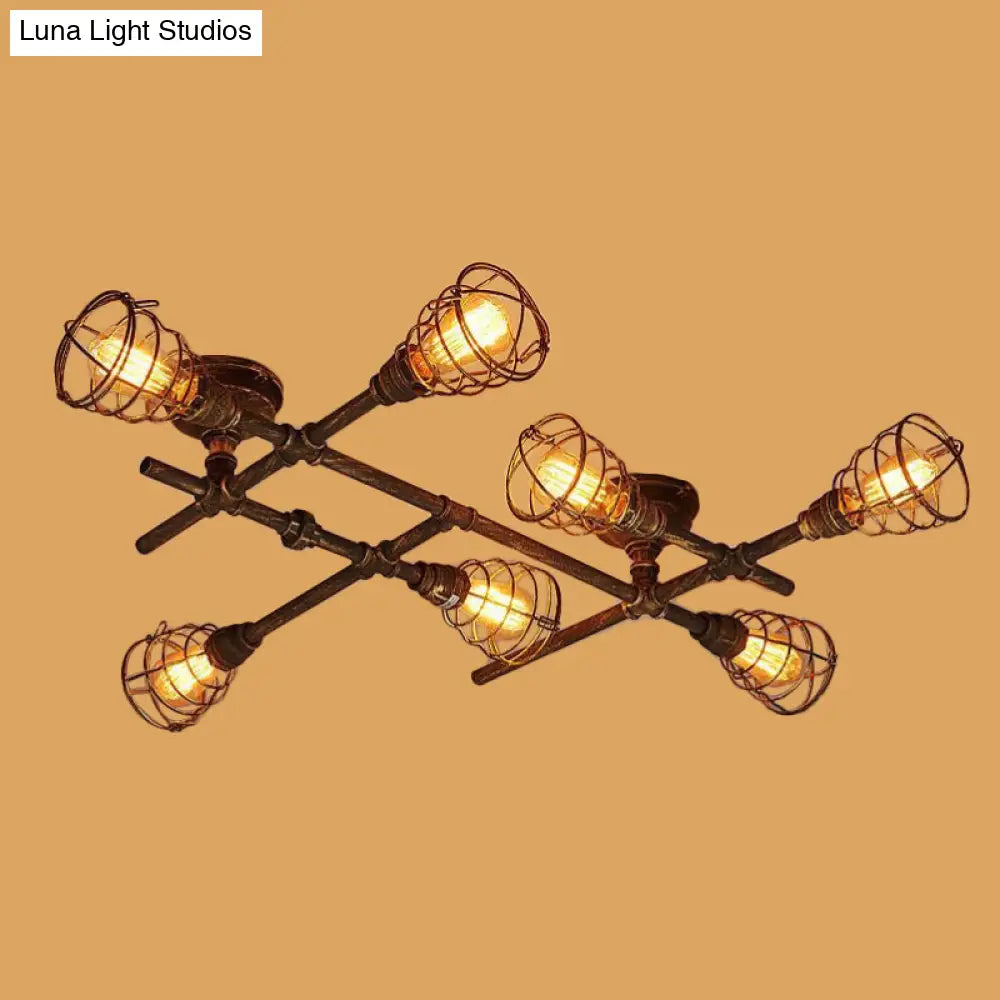 Industrial Intersecting Piping Ceiling Light - Iron Semi Flush Mounted With Cage Guard Brass Finish