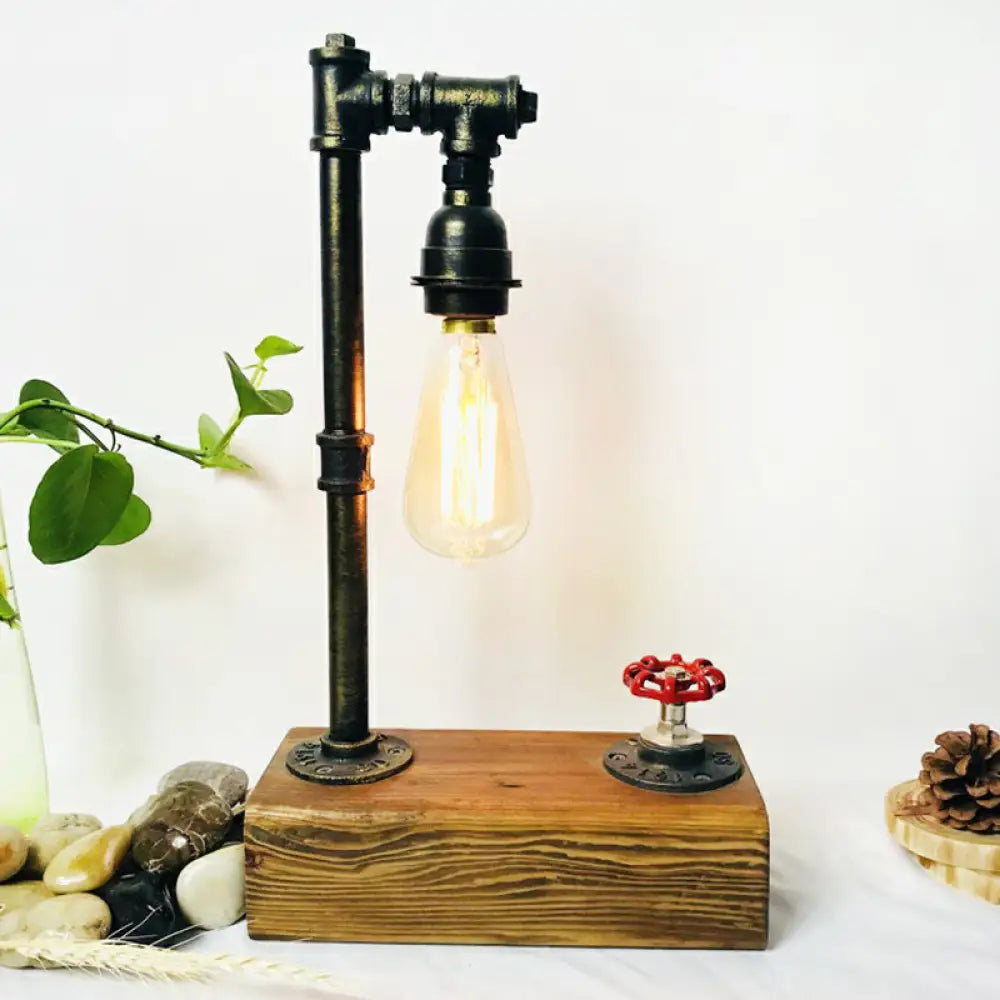 Industrial Iron 1-Light Bedroom Night Lamp With Bronze Finish Wooden Base And Dimmer Switch