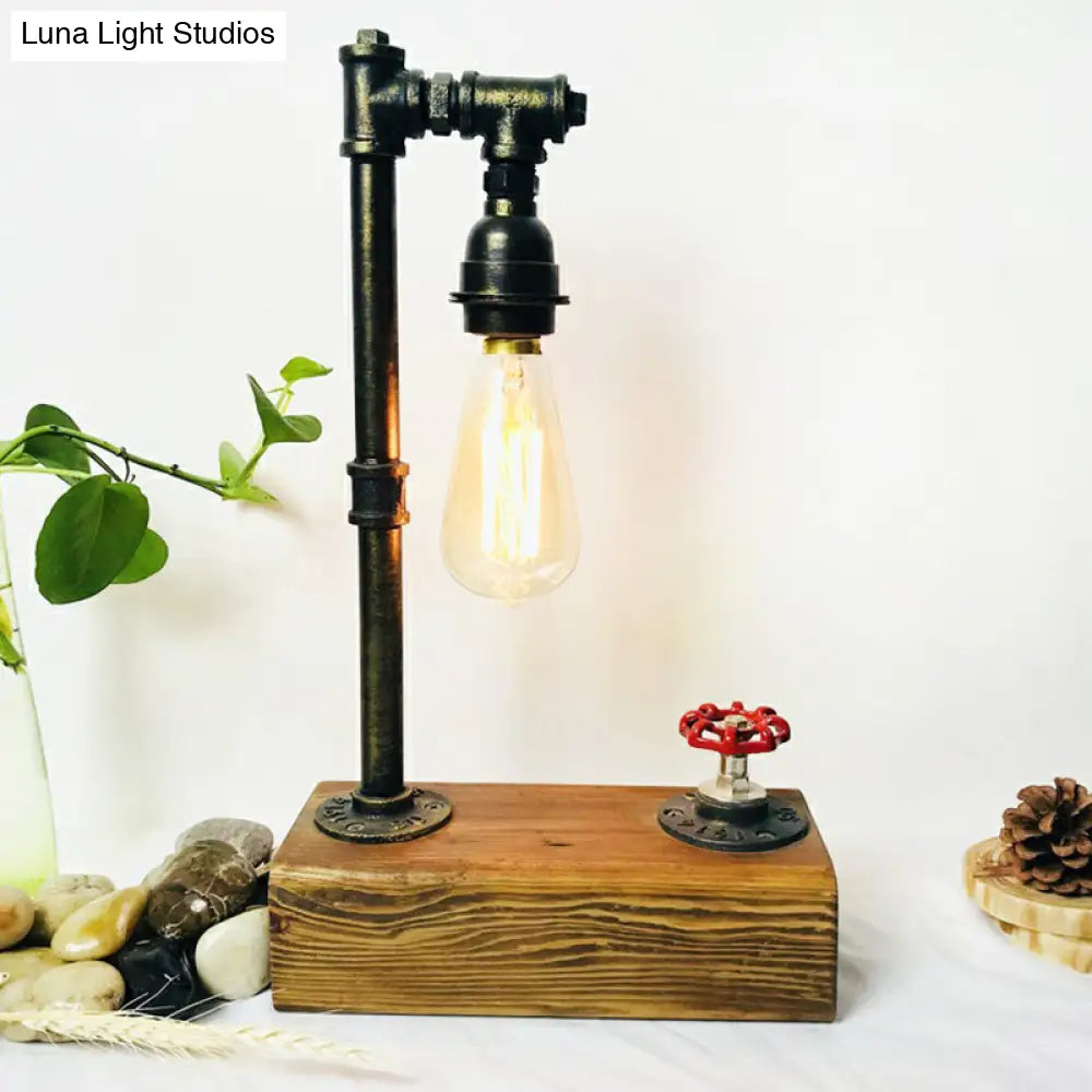 Industrial Iron 1-Light Bedroom Night Lamp With Bronze Finish Wooden Base And Dimmer Switch