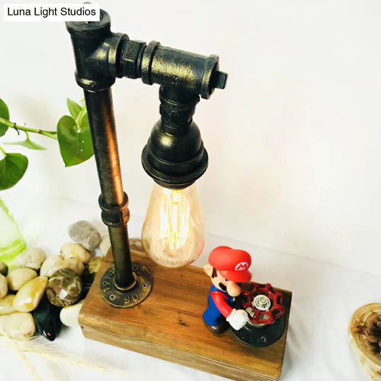 Industrial Iron 1-Light Bedroom Night Lamp With Bronze Finish Wooden Base And Dimmer Switch