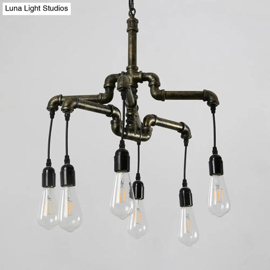 Industrial Iron 2-Layer Water Pipe Chandelier With Bronze Finish - 4/6 Heads Dining Room Ceiling