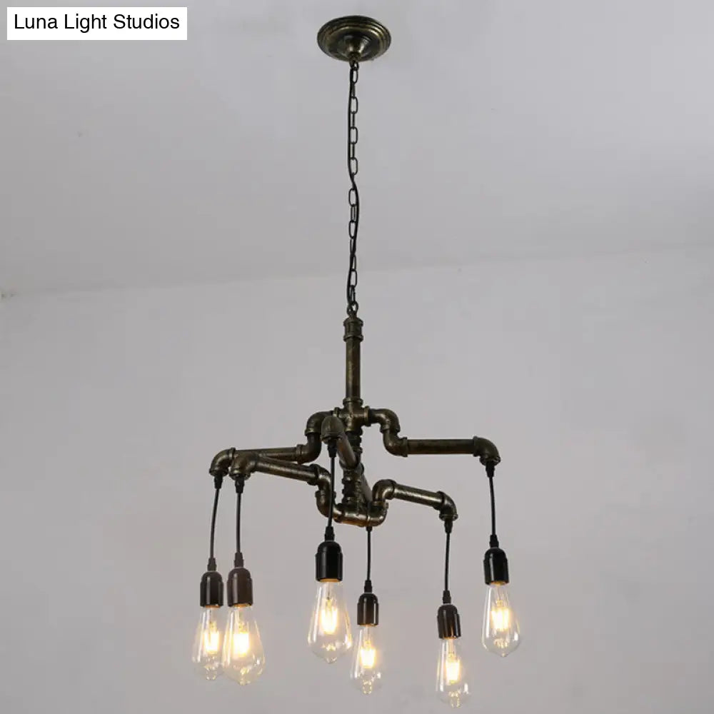 Industrial Bronze Water Pipe Chandelier: 2-Layer Iron 4/6 Heads Dining Room Ceiling Light