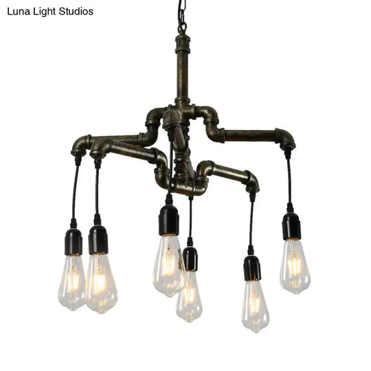 Industrial Bronze Water Pipe Chandelier: 2-Layer Iron 4/6 Heads Dining Room Ceiling Light