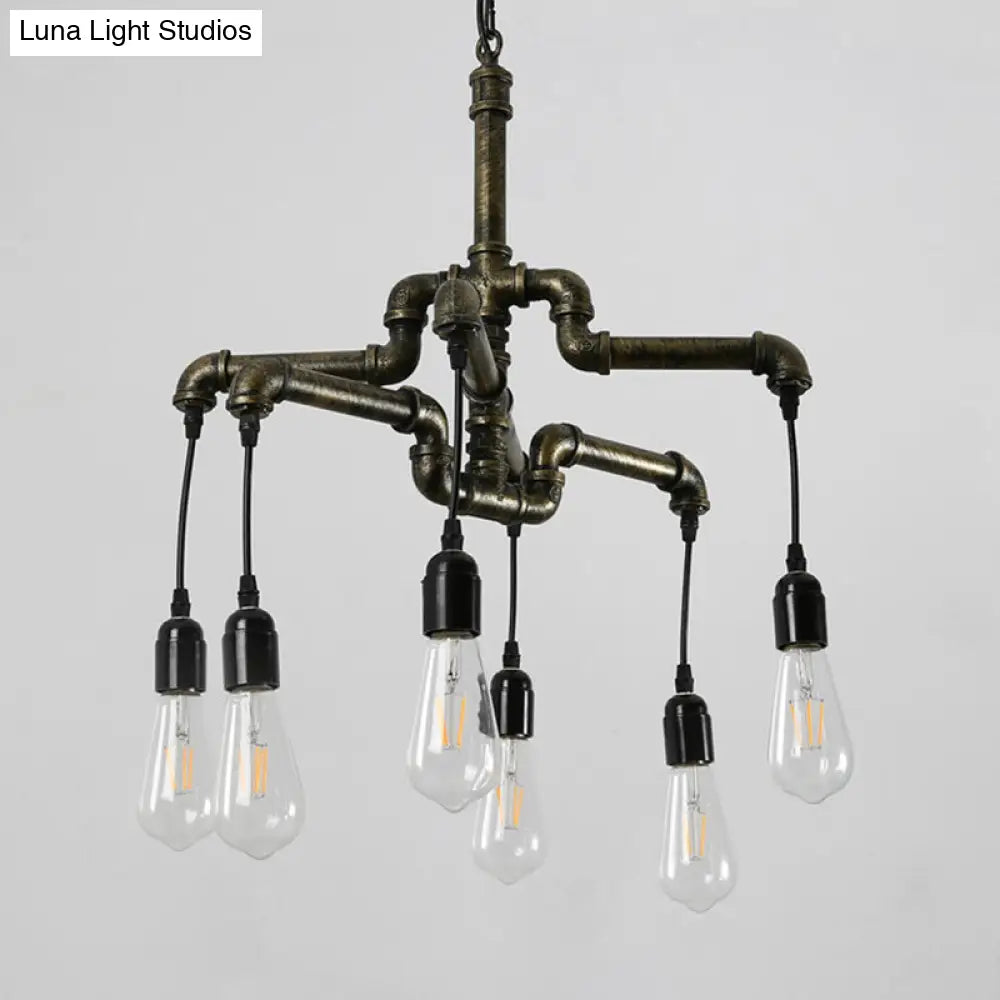 Industrial Bronze Water Pipe Chandelier: 2-Layer Iron 4/6 Heads Dining Room Ceiling Light