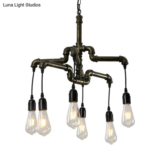 Industrial Iron 2-Layer Water Pipe Chandelier With Bronze Finish - 4/6 Heads Dining Room Ceiling