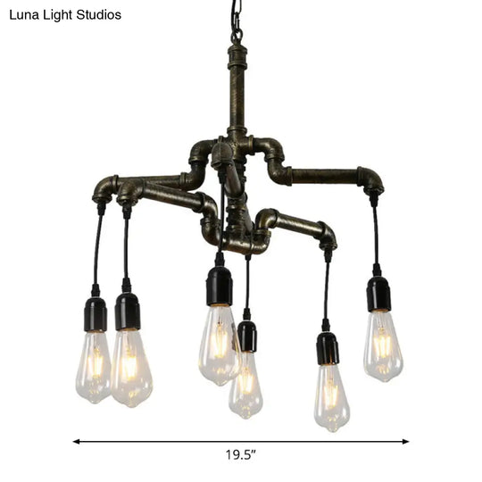 Industrial Bronze Water Pipe Chandelier: 2-Layer Iron 4/6 Heads Dining Room Ceiling Light