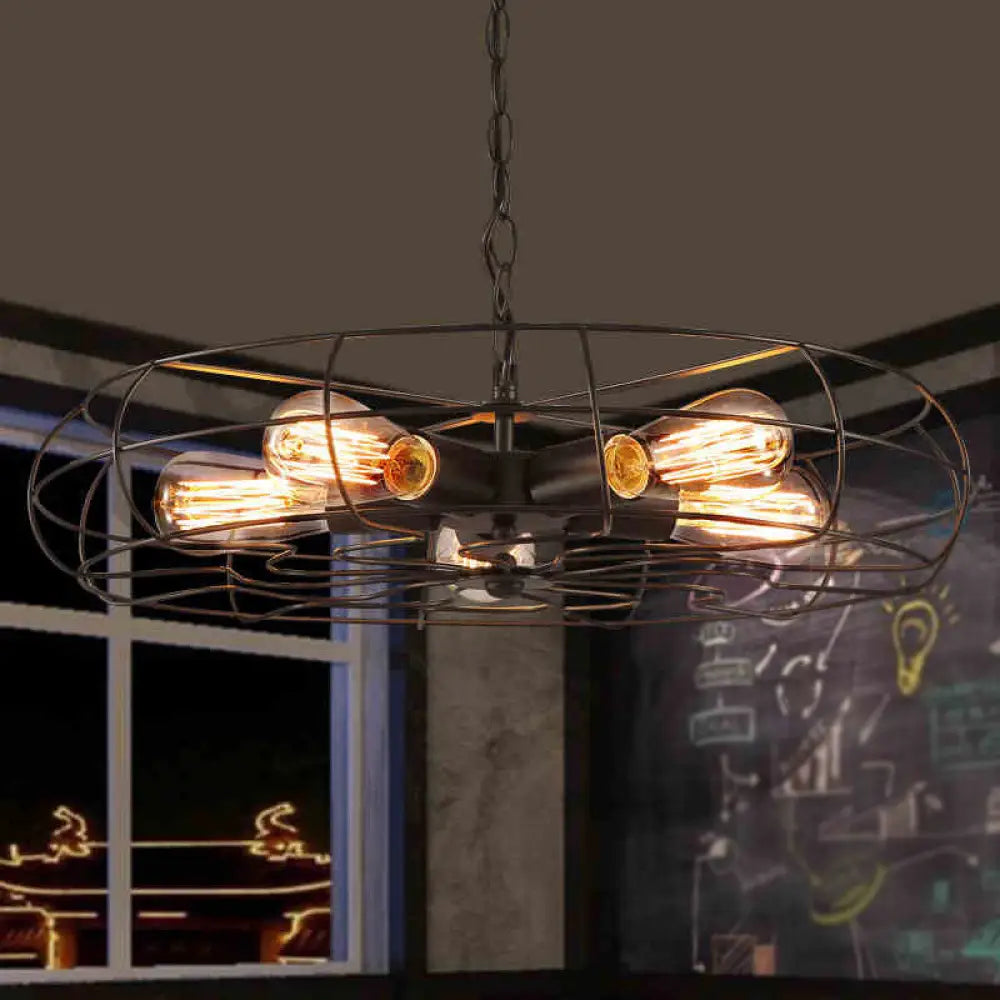 Industrial Iron 5-Bulb Black Pendant Chandelier - Round Caged Restaurant Ceiling Lamp 19’/21.5’