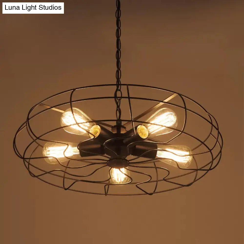 Industrial Iron 5-Bulb Black Pendant Chandelier - Round Caged Restaurant Ceiling Lamp 19’/21.5’ W