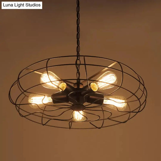 Industrial Iron 5-Bulb Black Chandelier Pendant Lamp - 19/21.5 Round Caged Ceiling Fixture For