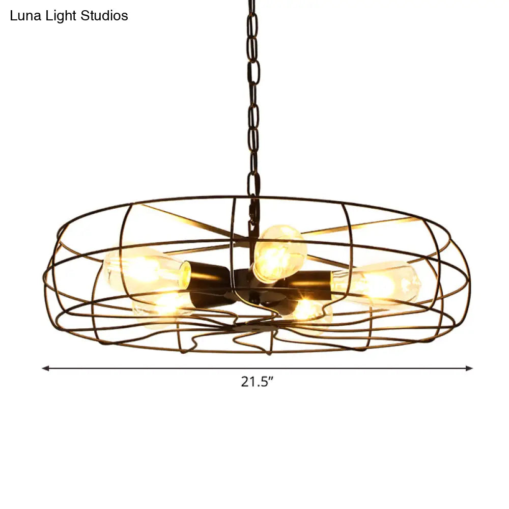 Industrial Iron 5-Bulb Black Chandelier Pendant Lamp - 19/21.5 Round Caged Ceiling Fixture For