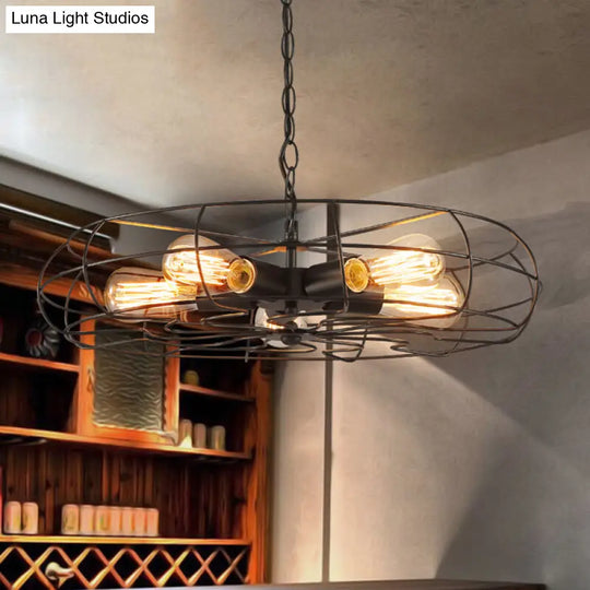 Industrial Iron 5-Bulb Black Chandelier Pendant Lamp - 19/21.5 Round Caged Ceiling Fixture For