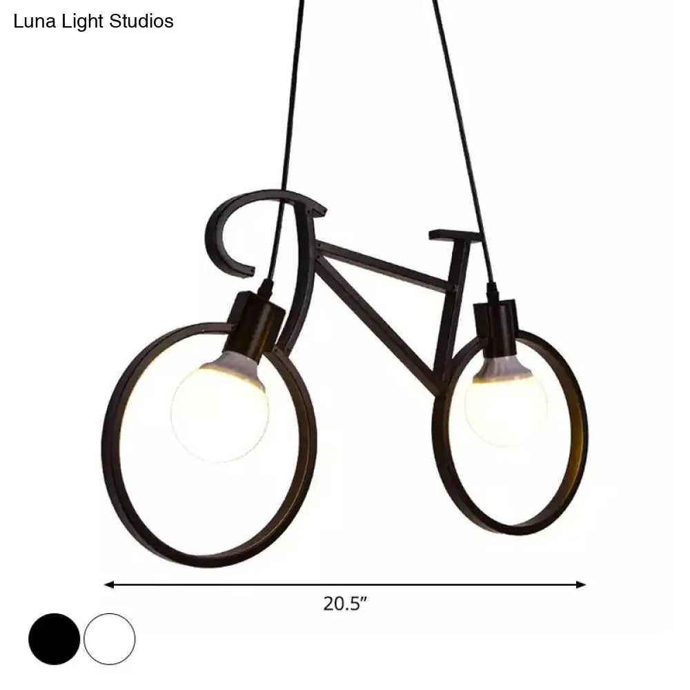 Industrial Iron Bicycle Boys Bedroom Pendant Light - Black/White 2 Heads 20.5’/24.5’ W