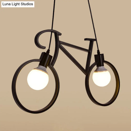 Iron Industrial Bicycle Boys Bedroom Pendant Light With 2 Heads - Black/White Ceiling Hang Lamp