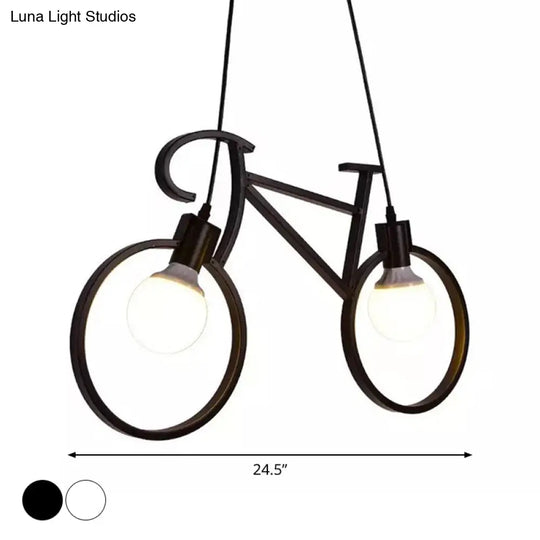 Industrial Iron Bicycle Boys Bedroom Pendant Light - Black/White 2 Heads 20.5’/24.5’ W