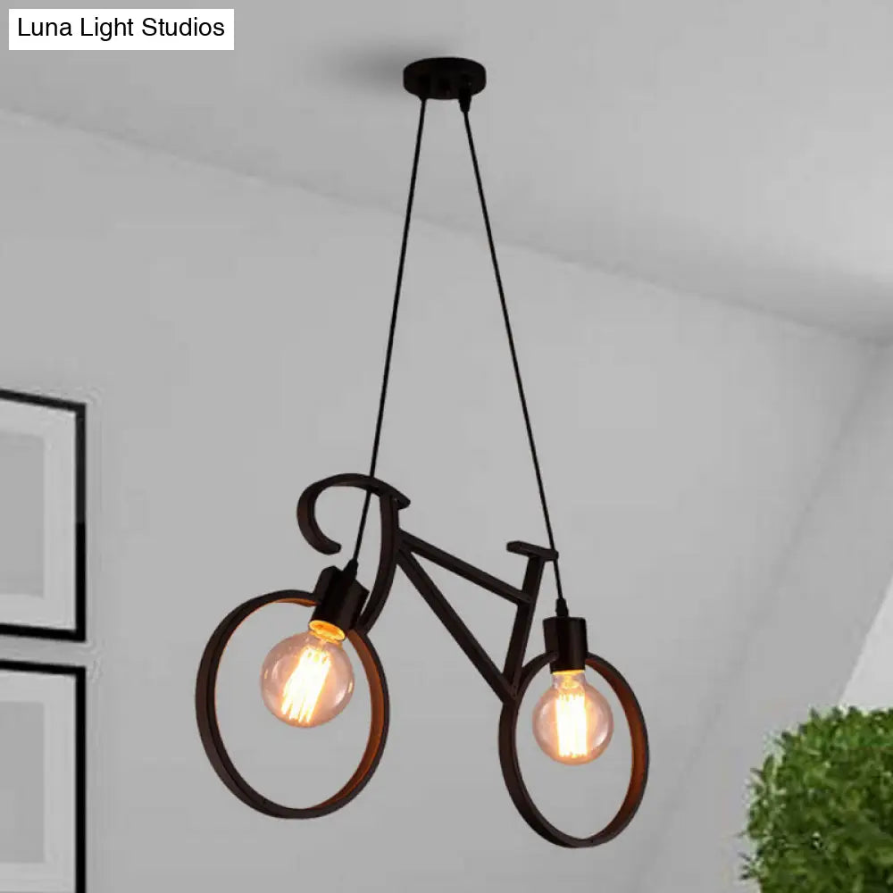 Iron Industrial Bicycle Boys Bedroom Pendant Light With 2 Heads - Black/White Ceiling Hang Lamp