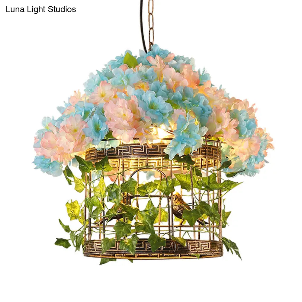 Industrial Iron Birdcage Flower Suspended Lighting Fixture - Bronze Hanging Light For Restaurants