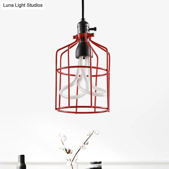 Industrial Iron Birdcage Pendant Lamp For Restaurant - Red/Black Suspended Lighting Fixture With 1