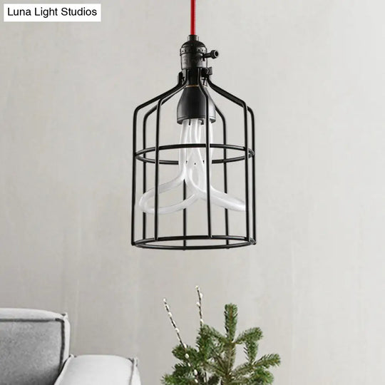 Industrial Iron Birdcage Pendant Lamp For Restaurant - Red/Black Suspended Lighting Fixture With 1