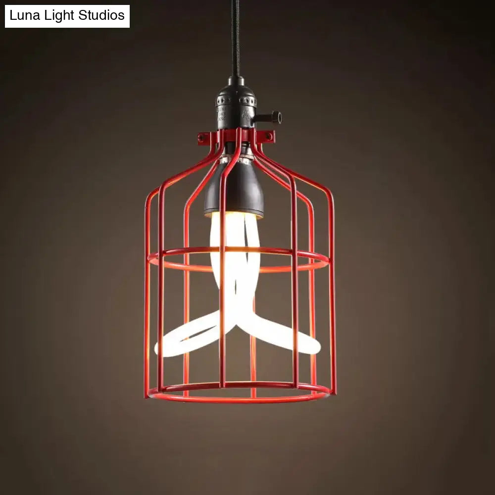 Industrial Iron Birdcage Pendant Lamp For Restaurant - Red/Black Suspended Lighting Fixture With 1