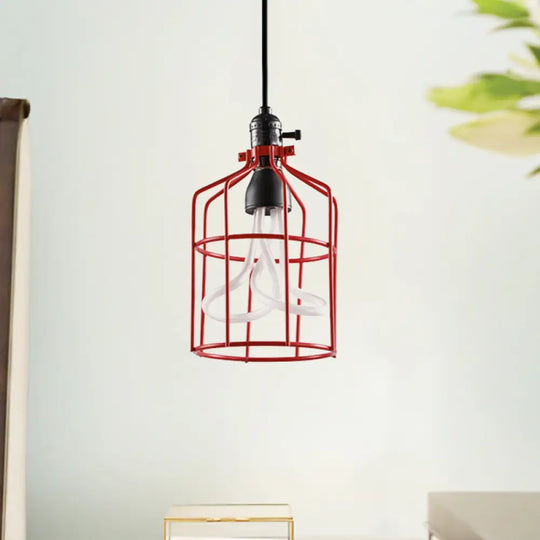 Industrial Iron Birdcage Pendant Lamp For Restaurant - Red/Black Suspended Lighting Fixture With 1