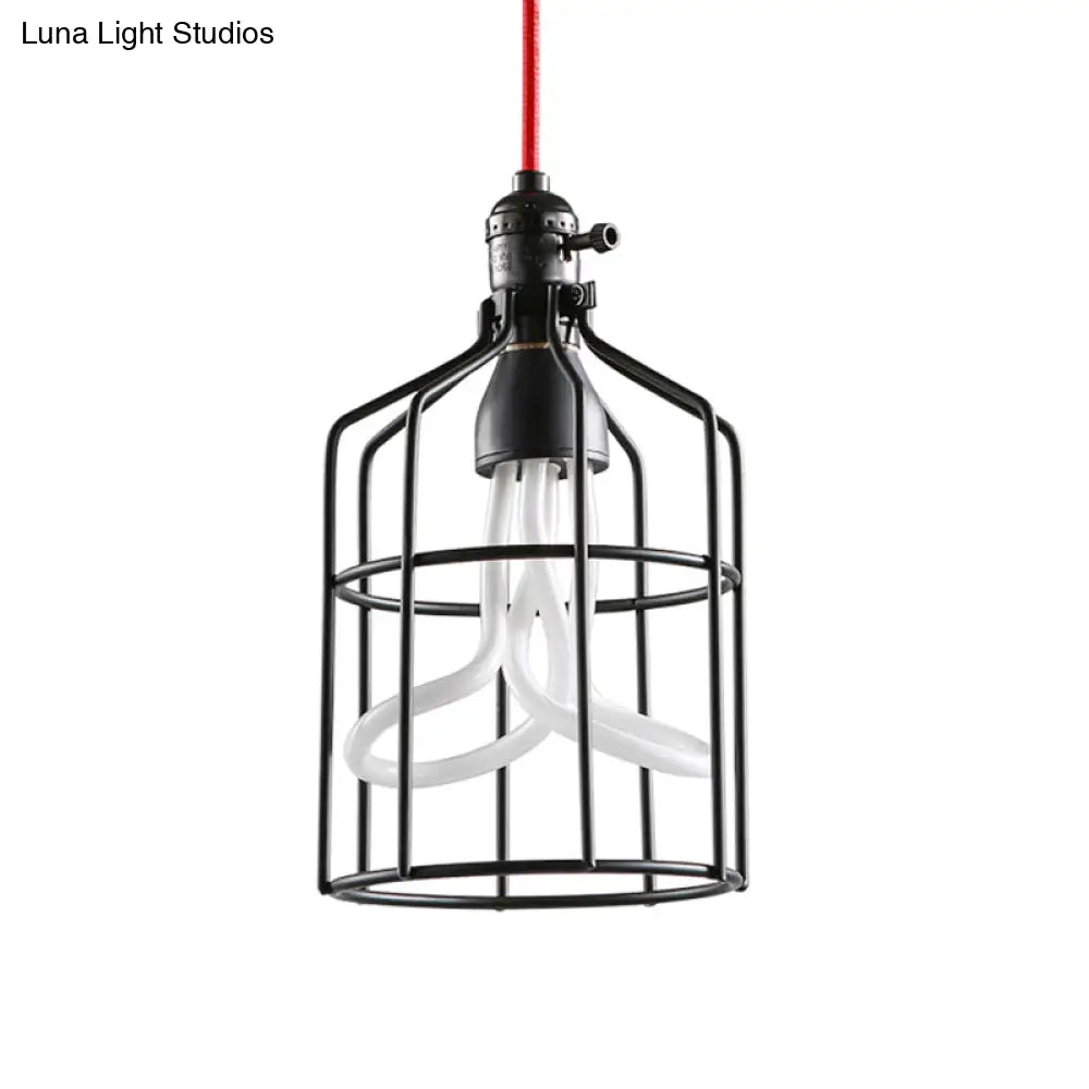 Industrial Iron Birdcage Pendant Lamp For Restaurant - Red/Black Suspended Lighting Fixture With 1