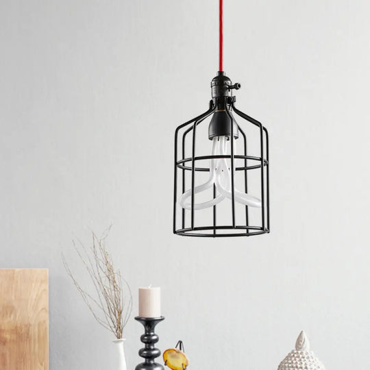 Industrial Iron Birdcage Pendant Lamp For Restaurant - Red/Black Suspended Lighting Fixture With 1