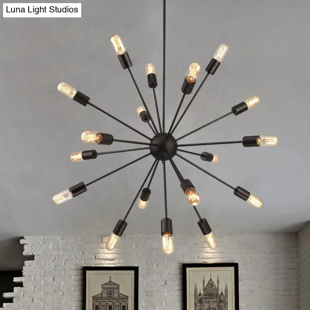 Iron Black Pendant Chandelier: Sunburst Design 18 Heads Industrial Suspension Light For Dining Room