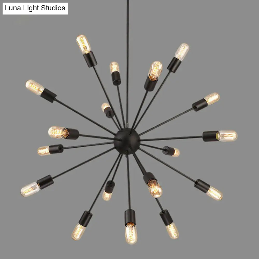 Iron Black Pendant Chandelier: Sunburst Design 18 Heads Industrial Suspension Light For Dining Room