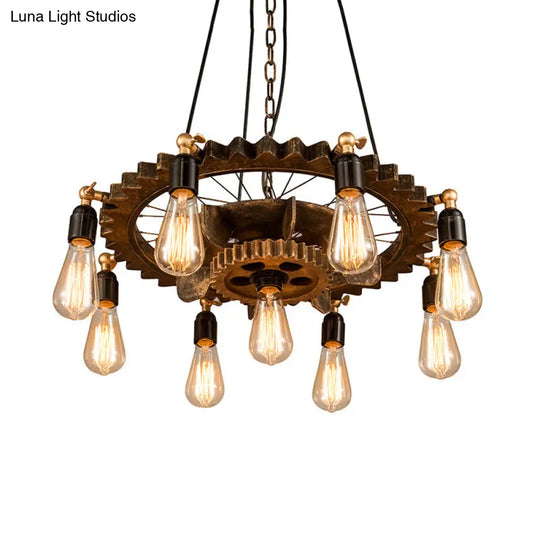 Iron Brass Chandelier - 9 Heads Industrial Suspension Light With Bare Bulb Design