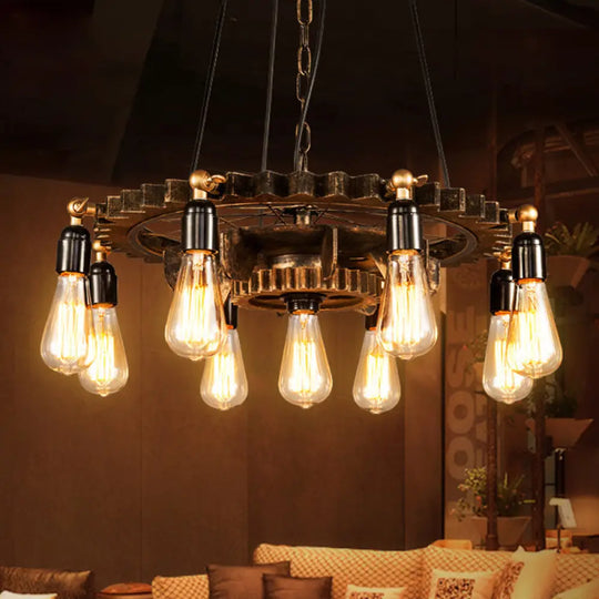 Industrial Iron Brass Chandelier With 9-Head Suspension Lighting – Exquisite Bare Bulb Design