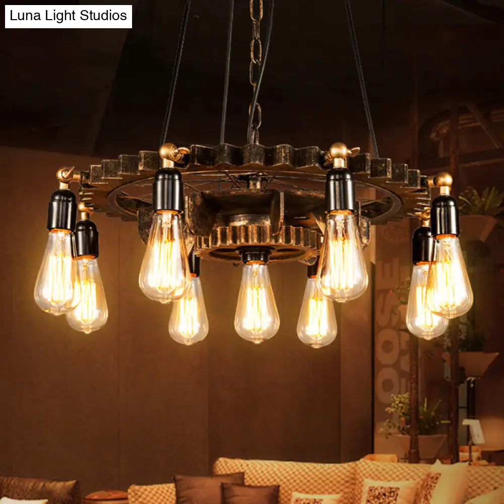 Iron Brass Chandelier - 9 Heads Industrial Suspension Light With Bare Bulb Design