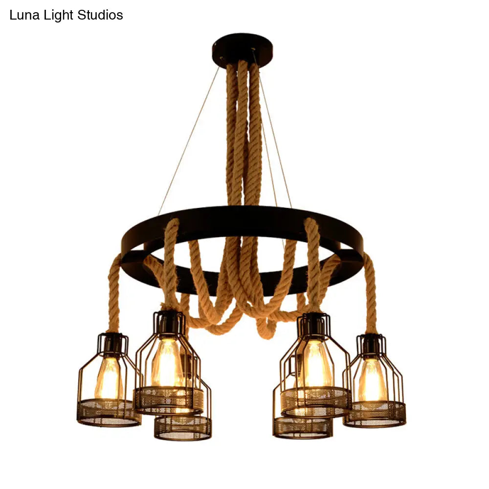 Industrial Iron Cage Chandelier Pendant With Hemp Rope In Black For Restaurants