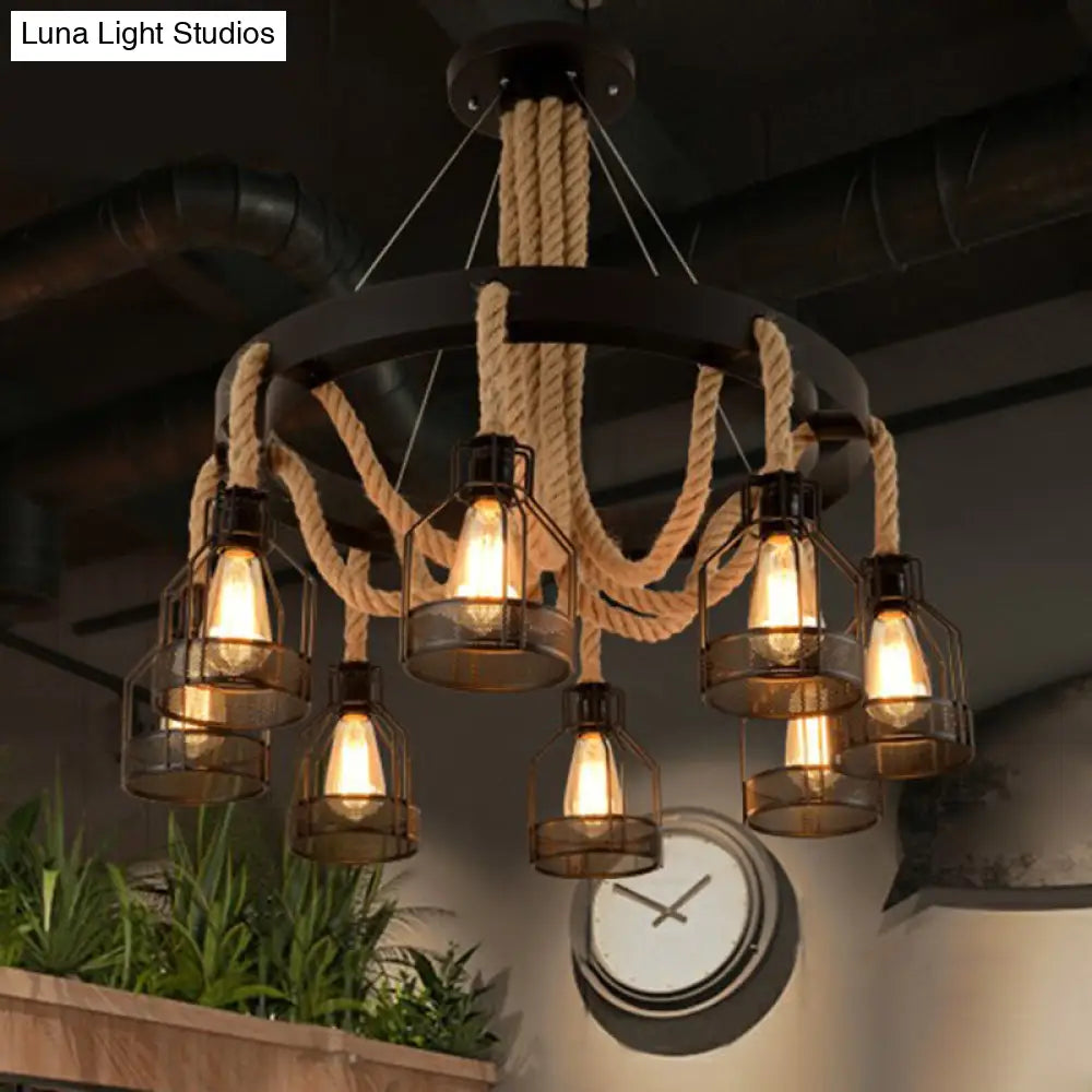 Caged Industrial Chandelier Pendant Light With Hemp Rope In Black 8 /