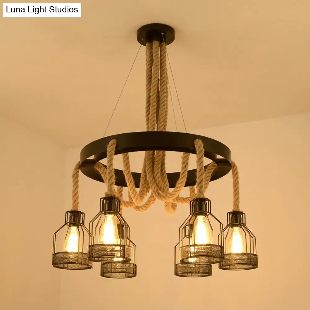 Caged Industrial Chandelier Pendant Light With Hemp Rope In Black 6 /