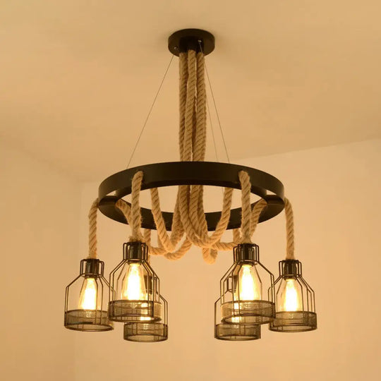 Industrial Iron Cage Chandelier Pendant With Hemp Rope In Black For Restaurants 6 /