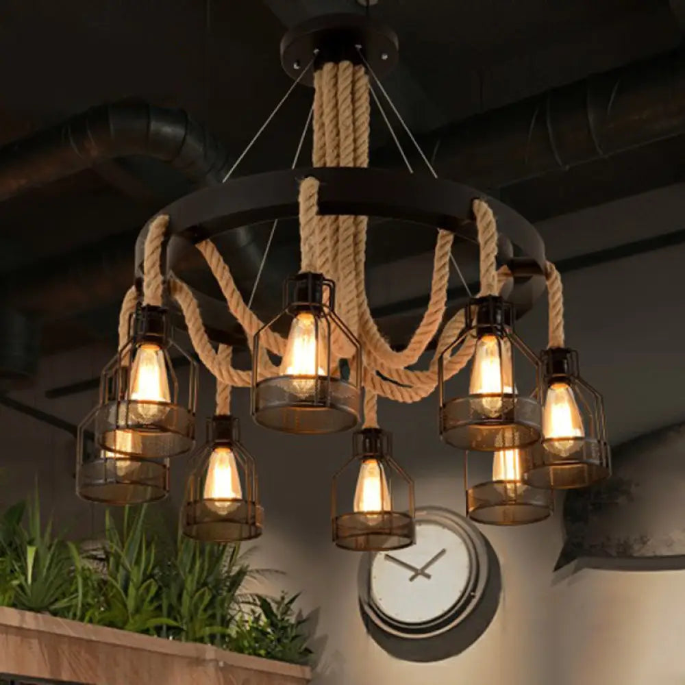 Industrial Iron Cage Chandelier Pendant With Hemp Rope In Black For Restaurants 8 /